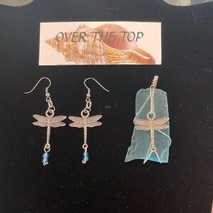 Dragonfly and Sea Glass Pendant and Earrings Set